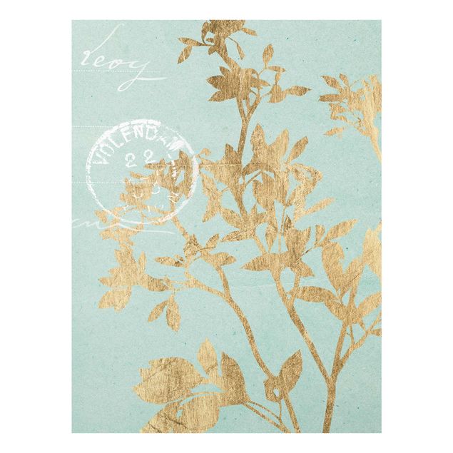 Glass print - Golden Leaves On Turquoise II
