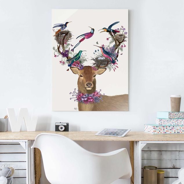Glass print - Stag With Pigeons