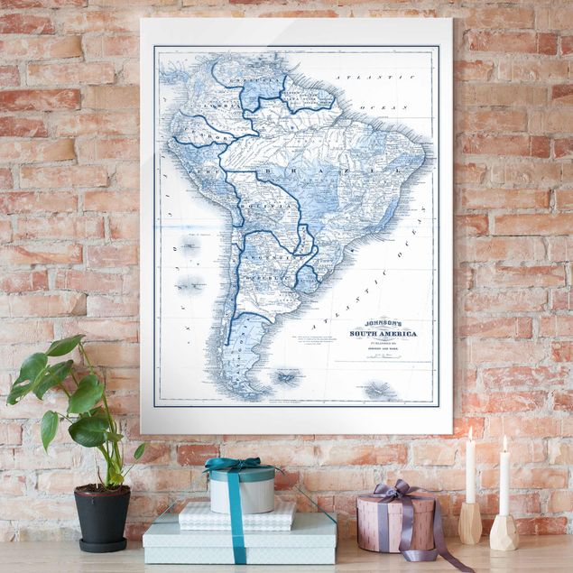 Glas Magnetboard Map In Blue Tones - South America