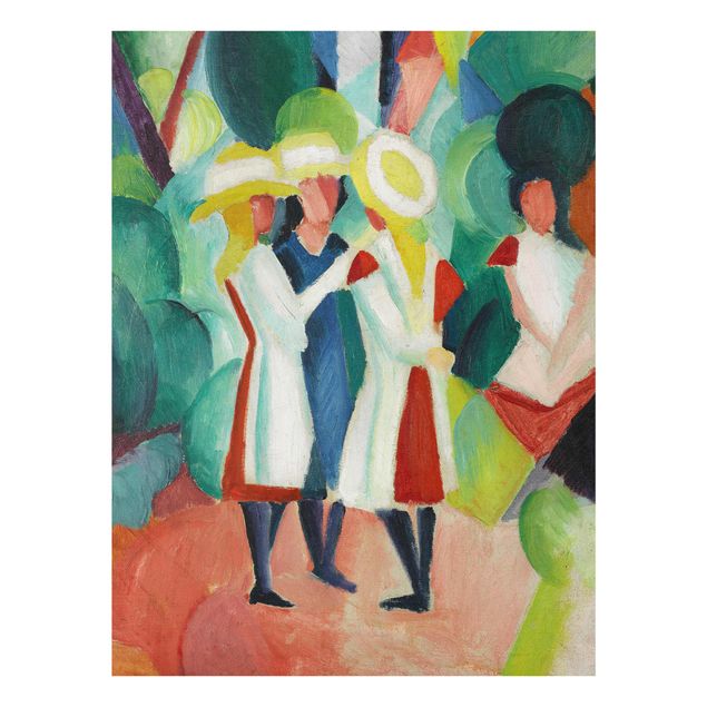 Glass print - August Macke - Three Girls in yellow Straw Hats