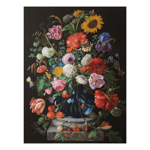 Glass print - Jan Davidsz de Heem - Tulips, a Sunflower, an Iris and other Flowers in a Glass Vase on the Marble Base of a Column
