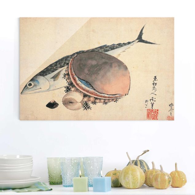 Magnettafel Glas Katsushika Hokusai - Mackerel and Sea Shells