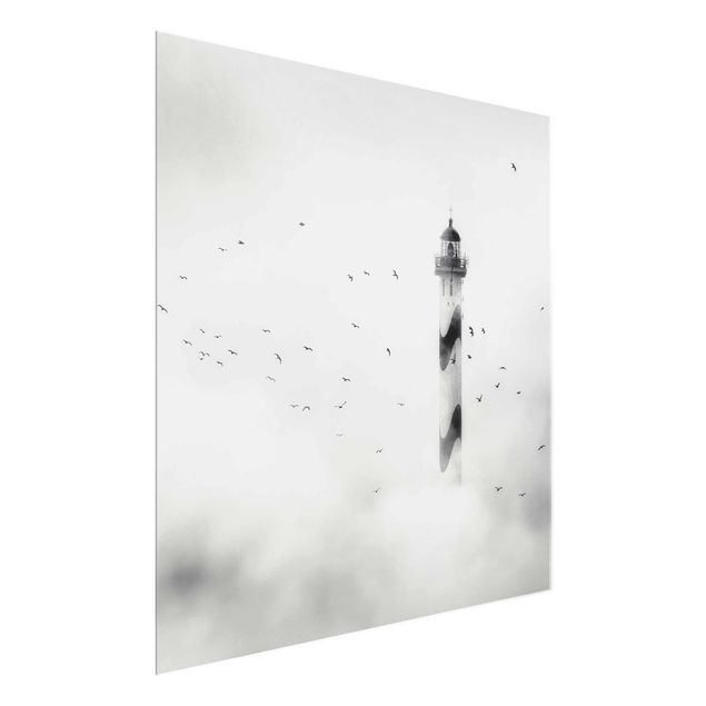 Glass print - Lighthouse In The Fog