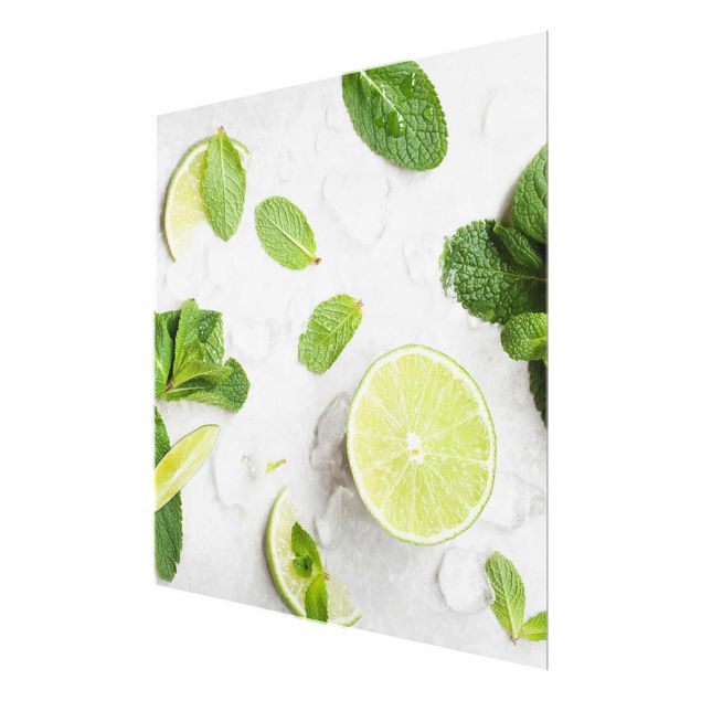 Glass print - Lime Mint On Ice Cubes