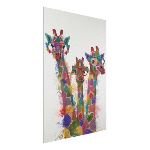 Glass print - Rainbow Splash Giraffe Trio
