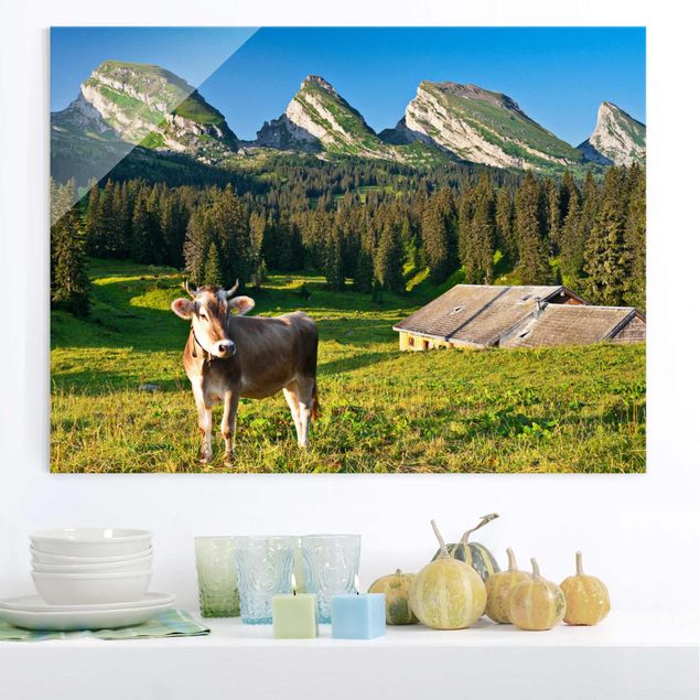Glas Magnetboard Swiss Alpine Meadow With Cow