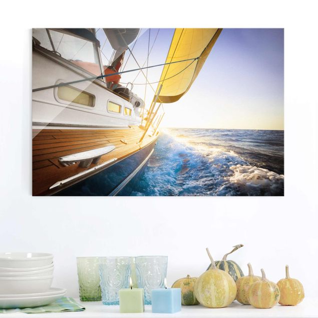 Glas Magnettafel Sailboat On Blue Ocean In Sunshine