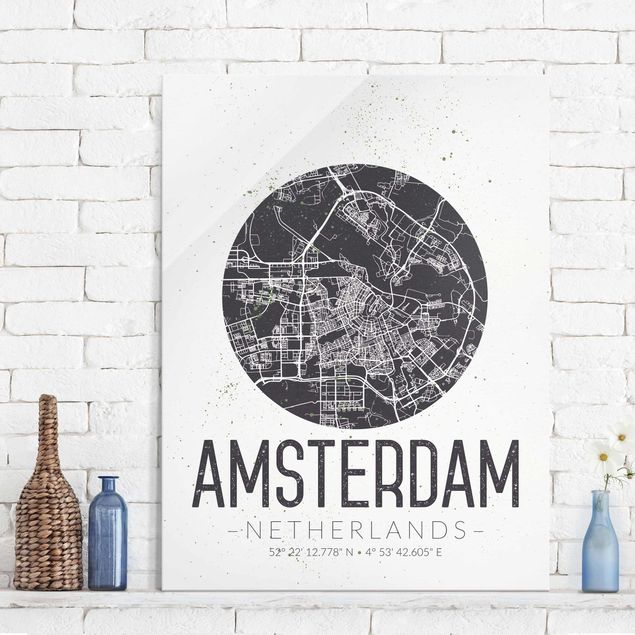 Glas Magnetboard Amsterdam City Map - Retro