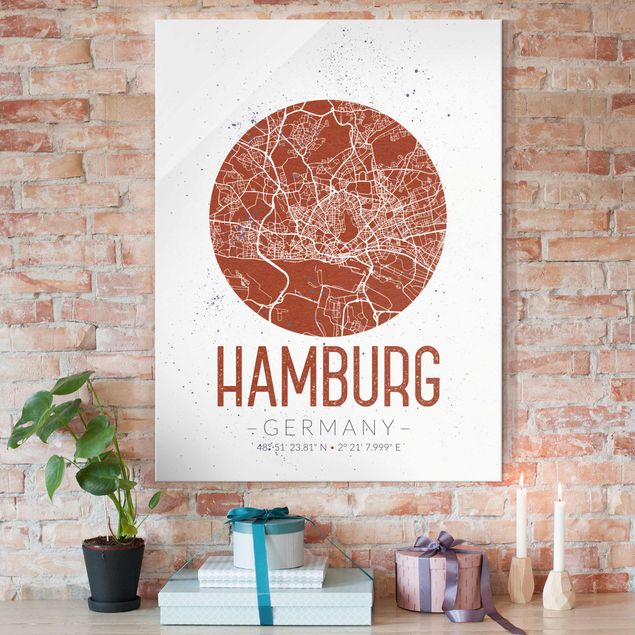 Glas Magnettafel Hamburg City Map - Retro