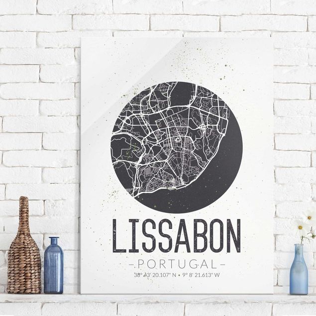 Glas Magnettafel Lisbon City Map - Retro