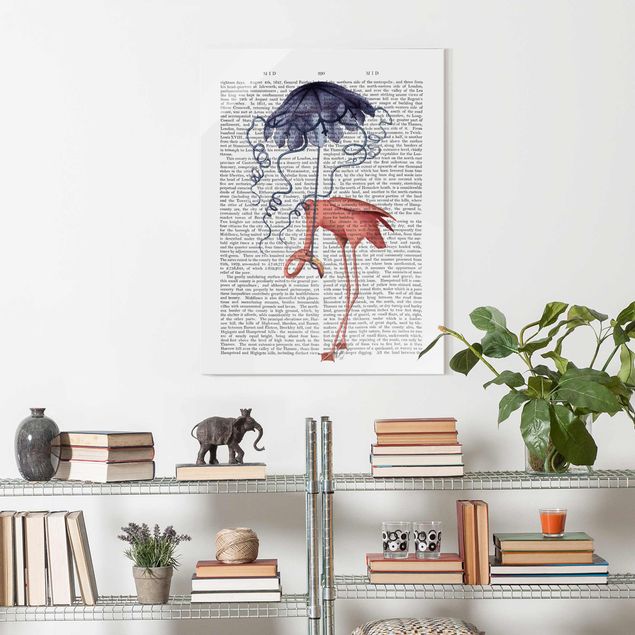 Glass print - Animal Reading - Flamingo With Umbrella