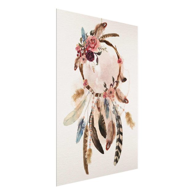 Glass print - Dream Catcher With Roses And Feathers