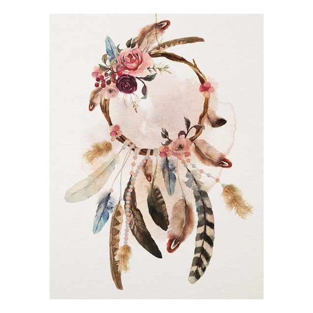 Glass print - Dream Catcher With Roses And Feathers