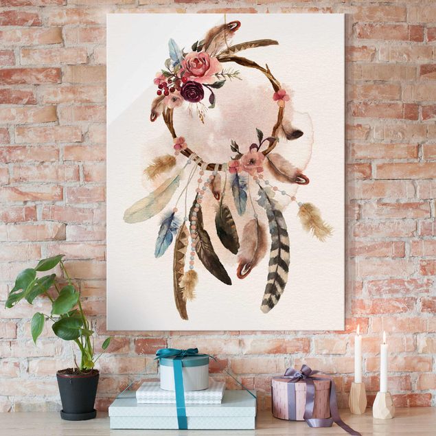 Glas Magnetboard Dream Catcher With Roses And Feathers
