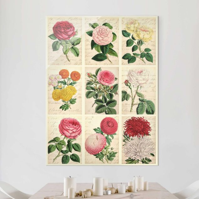 Glas Magnetboard Vintage Floral Collage