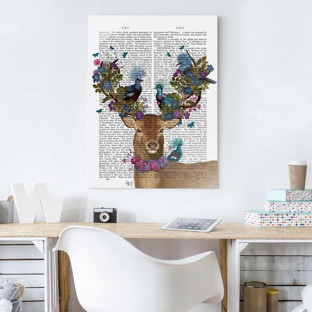Glass print - Fowler - Deer With Pigeons