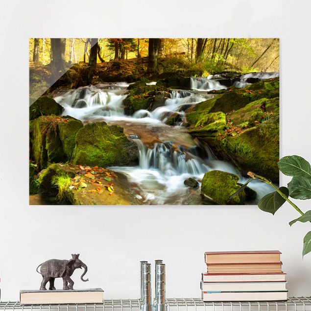 Glas Magnettafel Waterfall Autumnal Forest