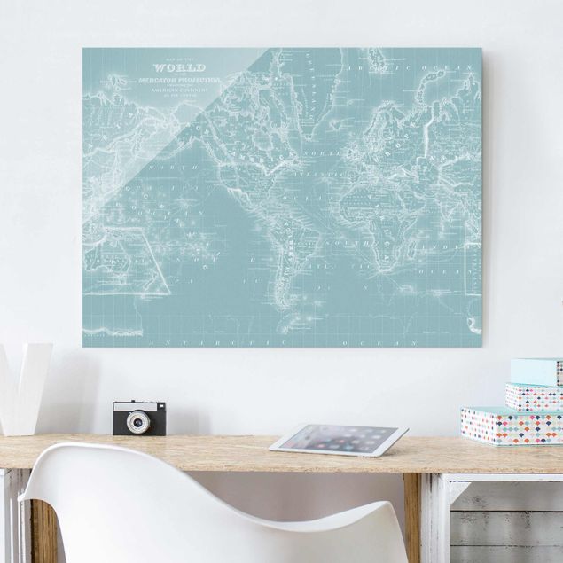 Glas Magnettafel World Map In Ice Blue