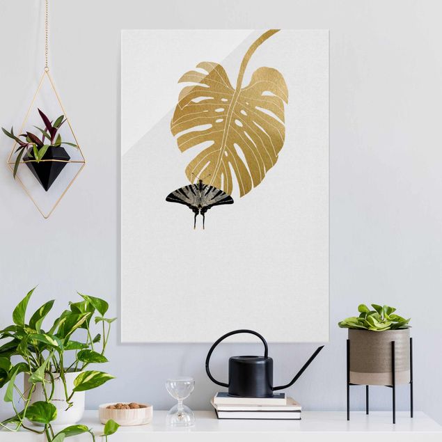 Magnettafel Glas Golden Monstera With Butterfly