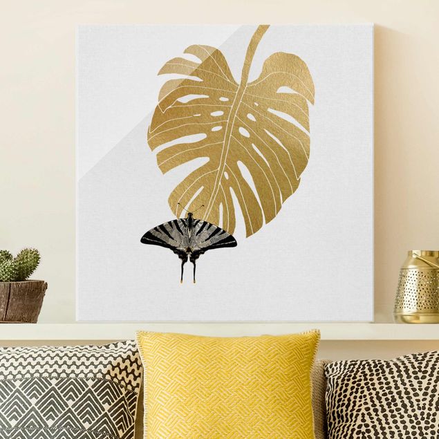 Magnettafel Glas Golden Monstera With Butterfly