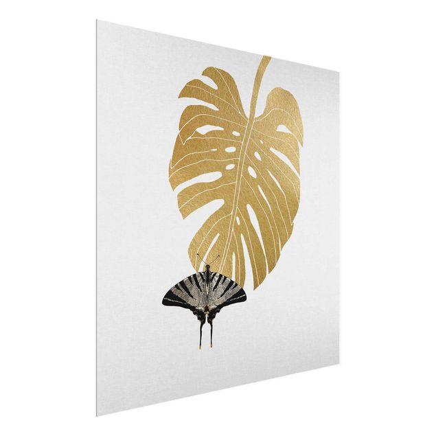 Glass print - Golden Monstera With Butterfly