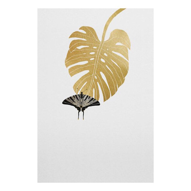 Glass print - Golden Monstera With Butterfly