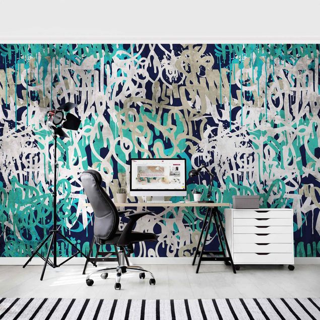 Wallpaper - Graffiti Art Tagged Wall Turquoise