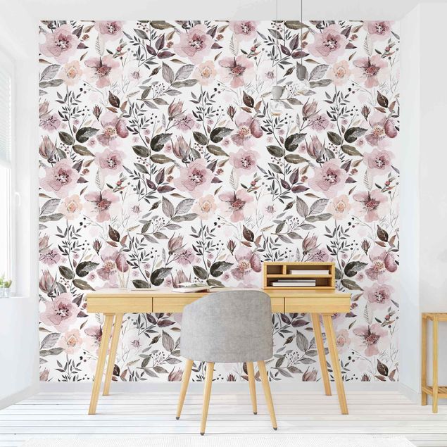Wallpapers Gray Leaves With Watercolour Flowers