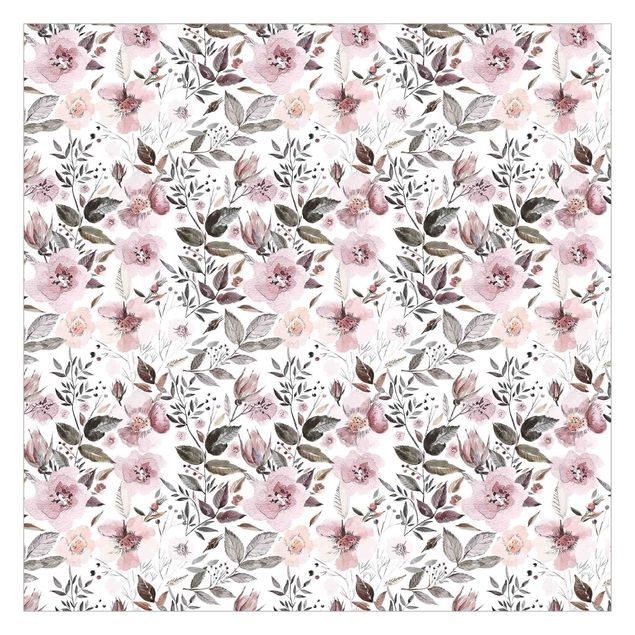 Wallpaper - Gray Leaves With Watercolour Flowers
