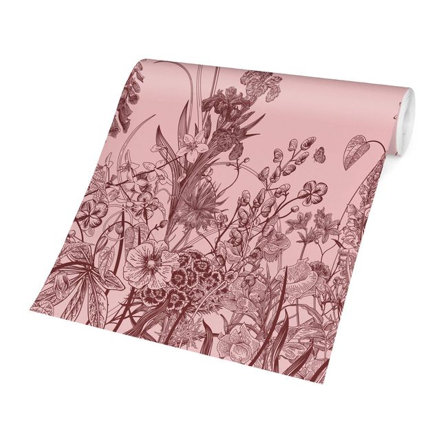 Walpaper - Large Flowers With Butterflies On Pink
