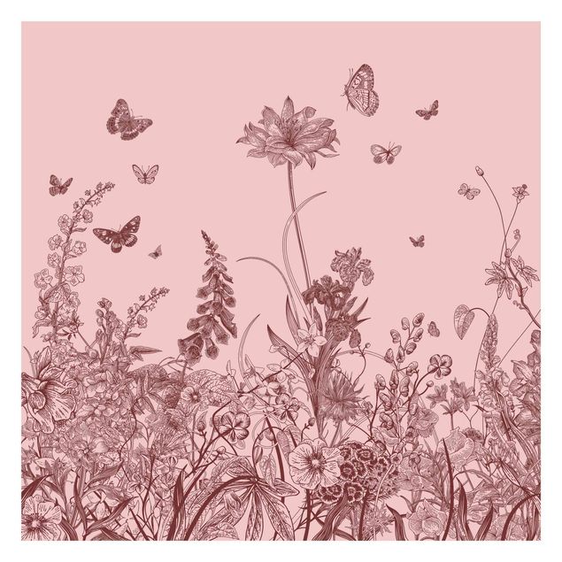 Walpaper - Large Flowers With Butterflies On Pink