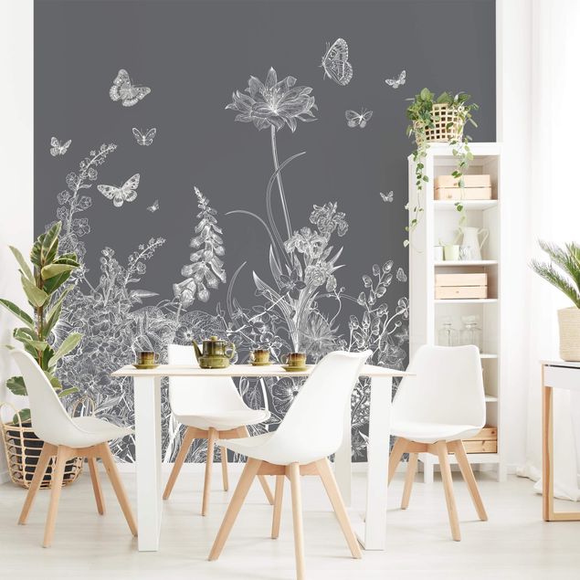 Wallpaper - Large Flowers With Butterflies In Grey