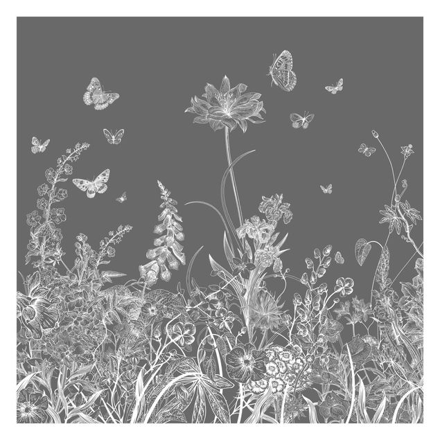 Wallpaper - Large Flowers With Butterflies In Grey