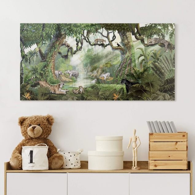 Print on canvas - Big cats in the jungle oasis - Landscape format 2:1