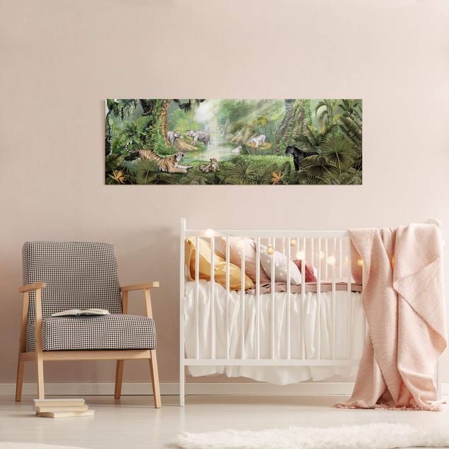 Print on canvas - Big cats in the jungle oasis - Panorama 3:1