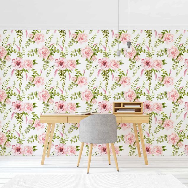 Wallpapers Green Leaves With Pink Flowers In Watercolour