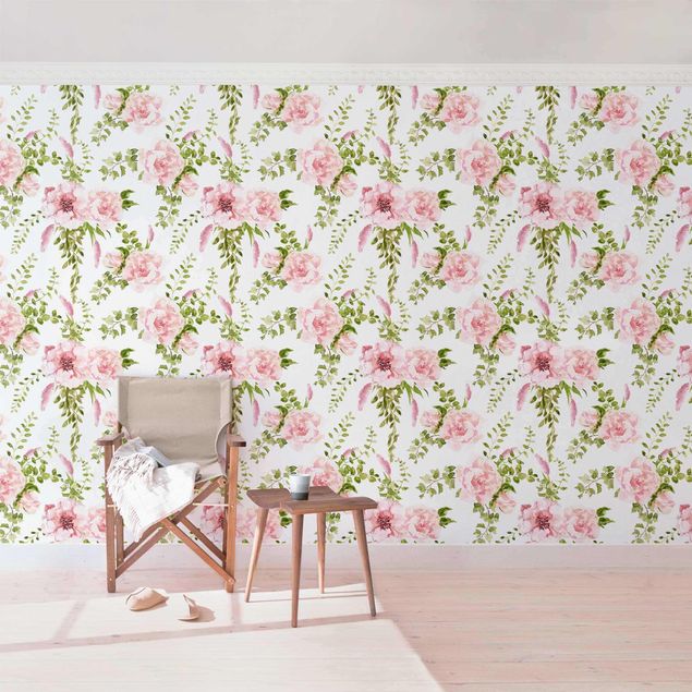 Wallpaper - Green Leaves With Pink Flowers In Watercolour