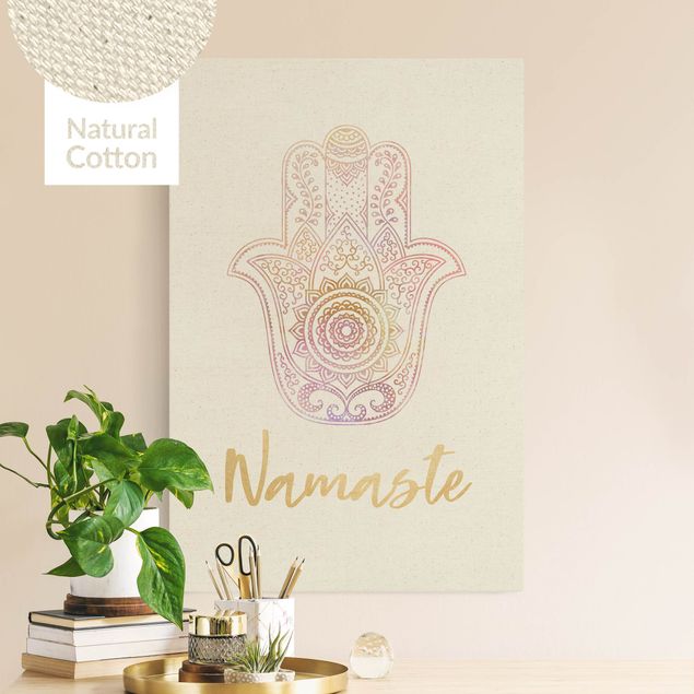 Natural canvas print - Hamsa Hand Illustration Namaste Gold Light Pink - Portrait format 2:3