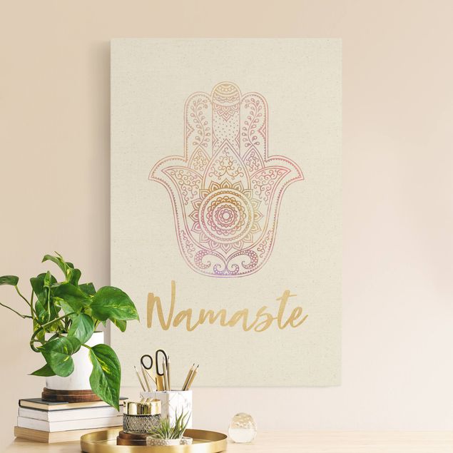 Natural canvas print - Hamsa Hand Illustration Namaste Gold Light Pink - Portrait format 2:3