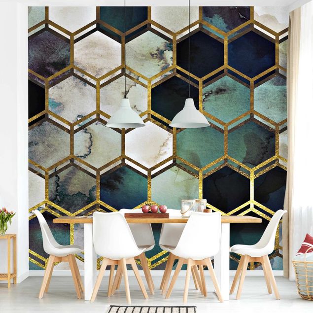 Walpaper - Haxagonal Dreams Watercolour With Gold