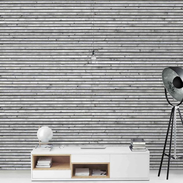 Wallpaper - Wooden Wall With Narrow Strips Black And White