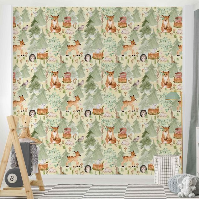 Wallpaper - Hedgehog And Fox With Trees Green