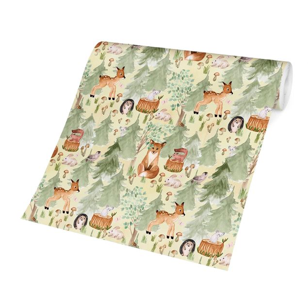 Wallpaper - Hedgehog And Fox With Trees Green