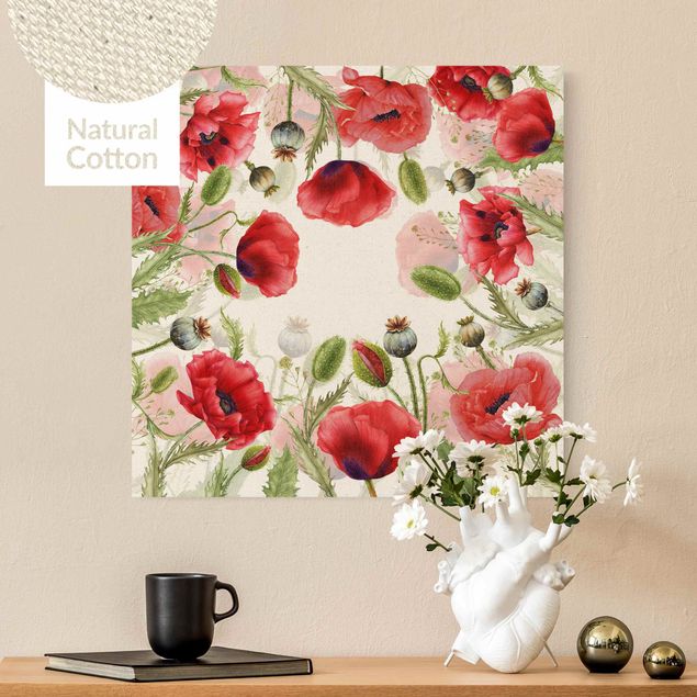 Natural canvas print - Illustrated Poppies - Square 1:1