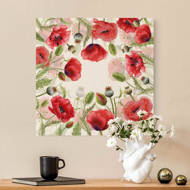 Natural canvas print - Illustrated Poppies - Square 1:1