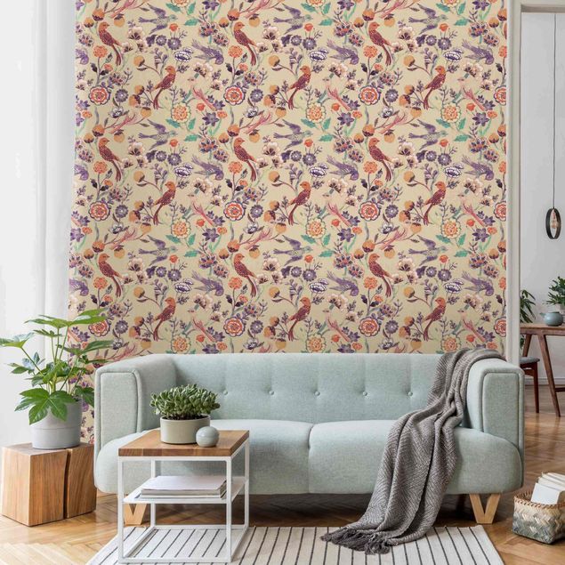 Wallpapers Indian Pattern Birds with Flowers Beige