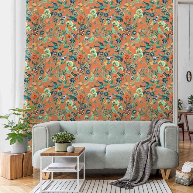 Wallpaper - Indian Pattern Birds with Flowers Orange