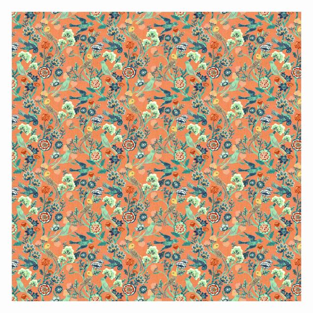 Wallpaper - Indian Pattern Birds with Flowers Orange