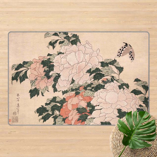 floral area rugs Katsushika Hokusai - Pink Peonies With Butterfly