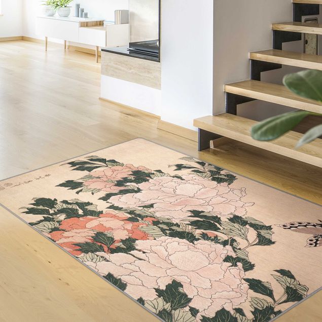 large area rugs Katsushika Hokusai - Pink Peonies With Butterfly
